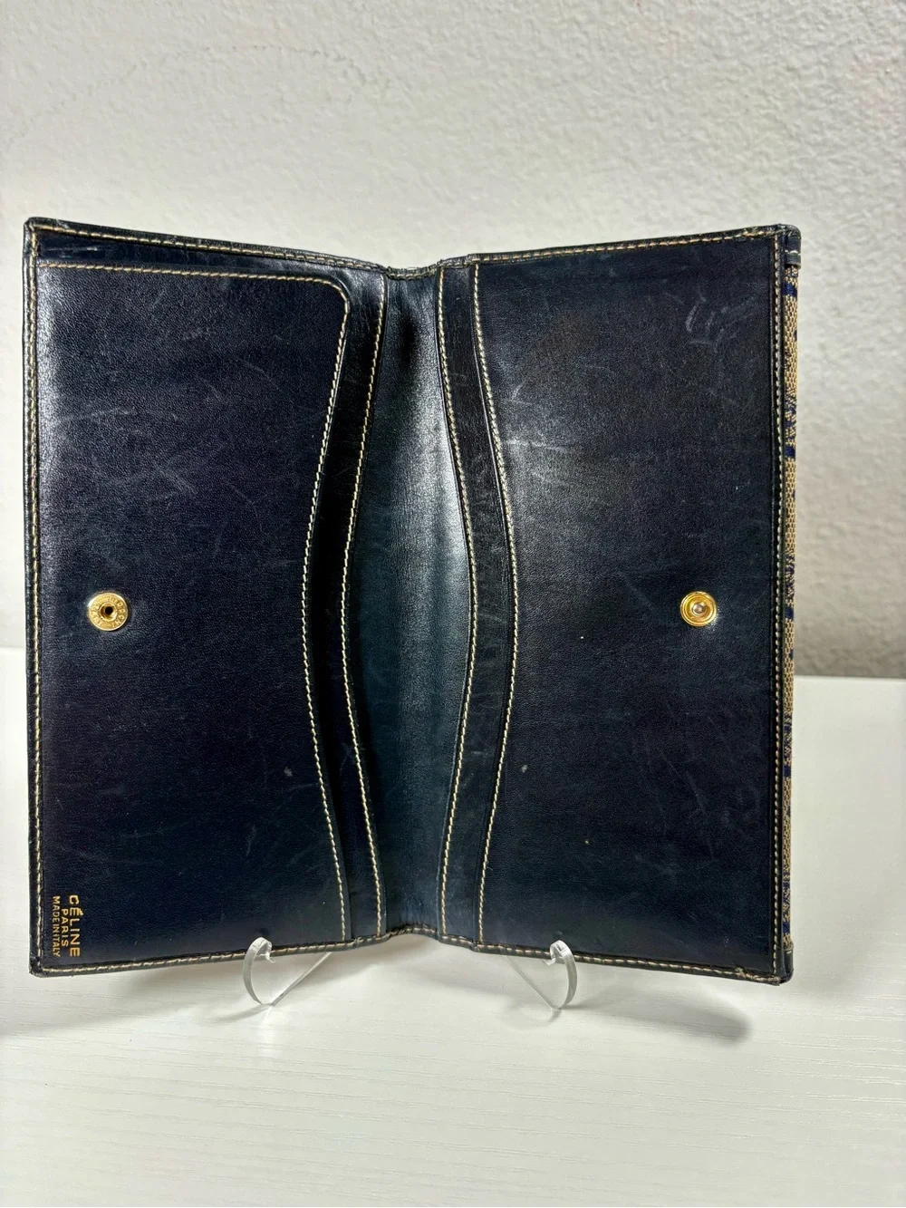 Celine Long Wallet, Navy & Beige Canvas and Leather